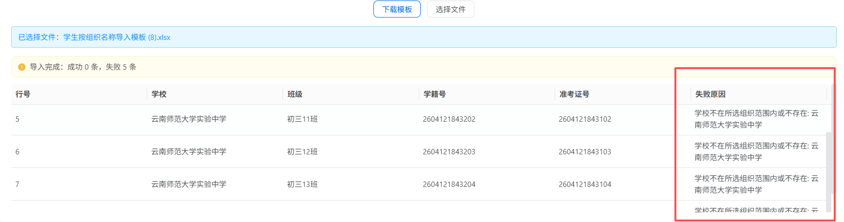 导入失败原因明细示例
